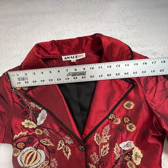 Anage Too Womens Red Silk Embroidered Blazer Jacket Medium Lined Two-Button - Picture 7 of 11